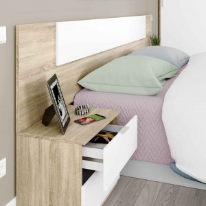Cabecero y mesitas Noon de color blanco artik y roble canadian.