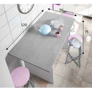 Mesa desplegable modelo Oggi, de color blanco artik y cemento.