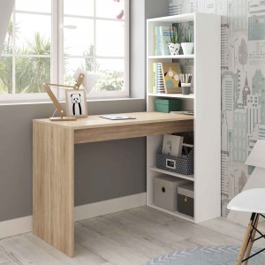 Mesa estudio con estantería de color roble canadian y blanco artik
