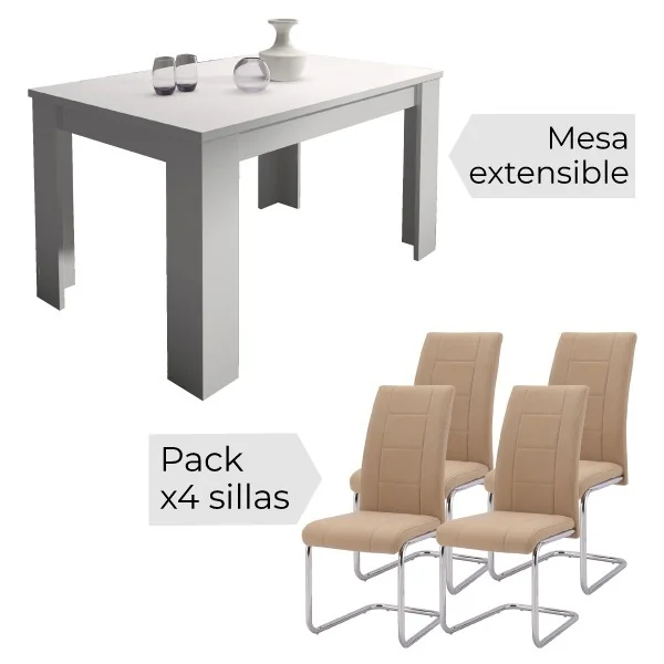 Conjunto mesa Corfu blanca + 4 sillas beig Conjunto mesa Corfu blanca + 4 sillas beig