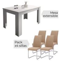 Conjunto mesa Corfu blanca + 4 sillas beig