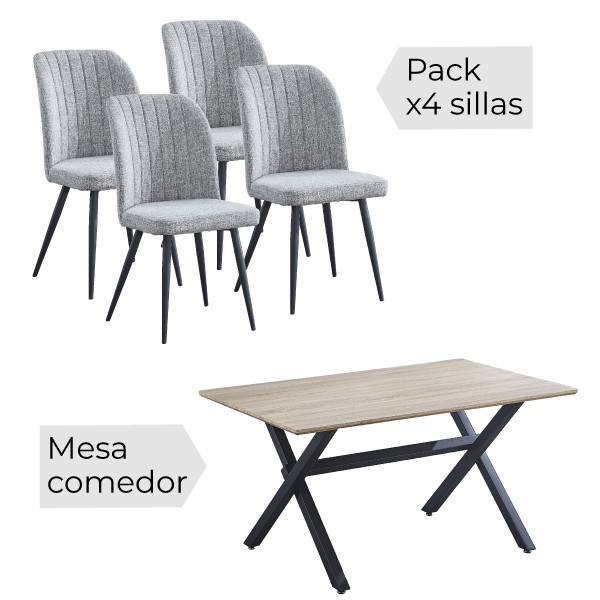 Conjunto mesa Royce W + 4 sillas Rory