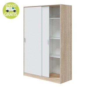 Armario modelo Noon Plus, color roble - blanco, con estantes y barra