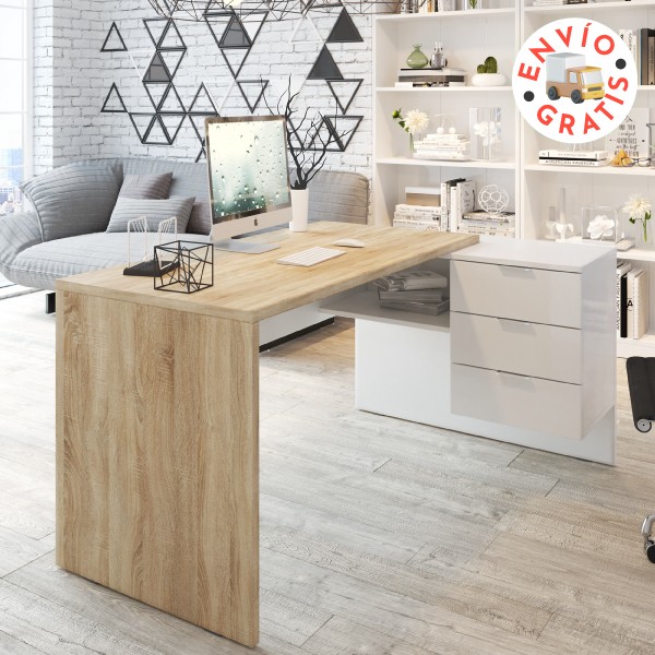 Mesa de despacho con buc Style de color roble canadian y blanco artik