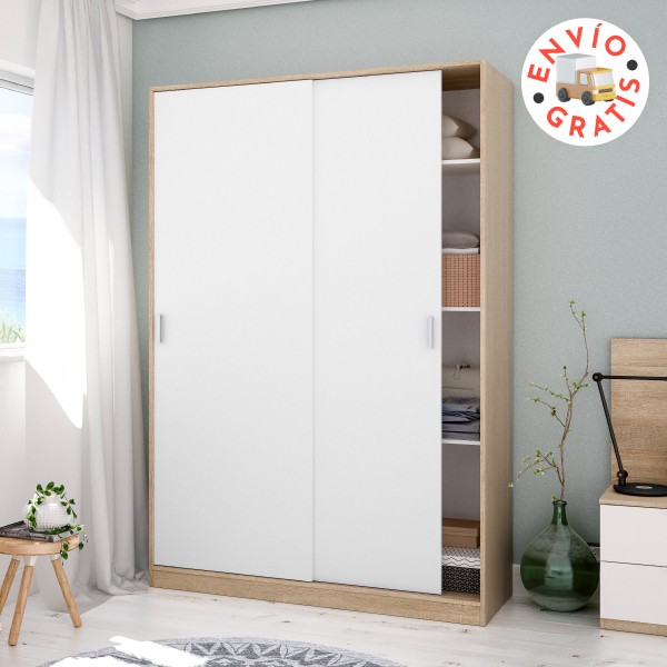 Armario modelo Noon Plus, color roble - blanco, con estantes y barra
