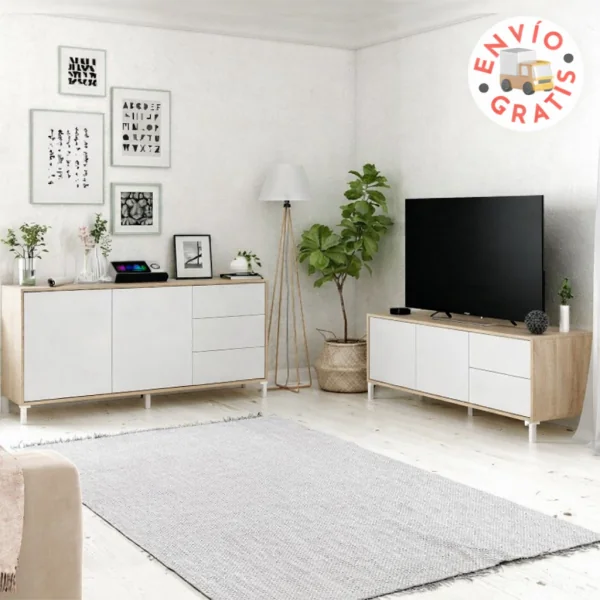 Salón completo Urban Plus de color roble y blanco Salón completo Urban Plus de color roble y blanco